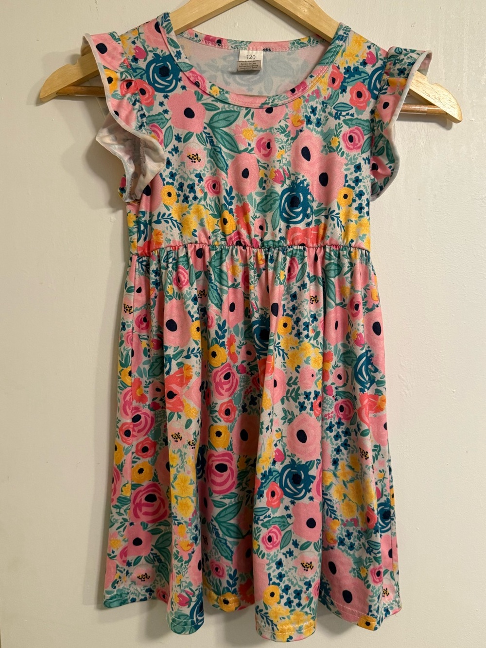 Girls Floral Flutter Sleeve Dress Size 120 Colorful Pink Teal Yellow